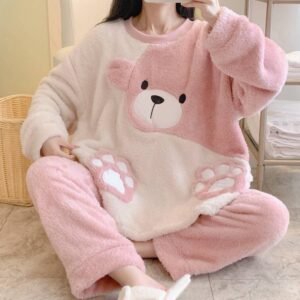 cozy pink teddy bear fleece pajamas for women - S