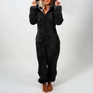 cozy black fleece onesie for women - S