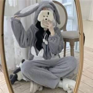 cozy grey bunny fleece pajamas for women - S