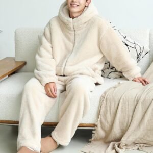 Men's hooded fleece pajamas - Beige