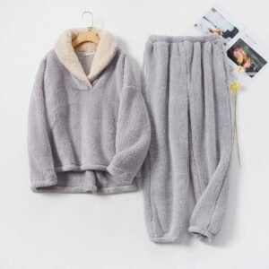 Cozy sherpa collar fleece pajamas - Grey, M