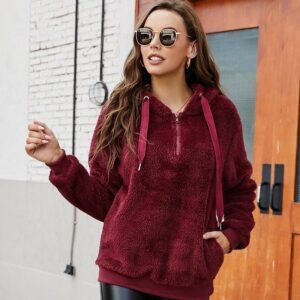 cozy burgundy fuzzy hoodie for women - 4XL