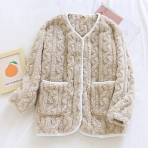 womens cozy fleece pajama cardigan - Beige, M