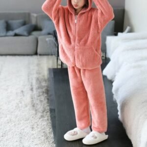 cozy girls hooded fleece pajamas - Light blue