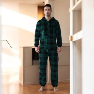 cozy plaid fleece onesie pajamas for men - Green
