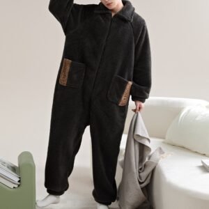 men's black fleece onesie pajamas - L