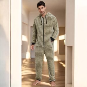 striped fleece onesie pajamas for men - Yellow
